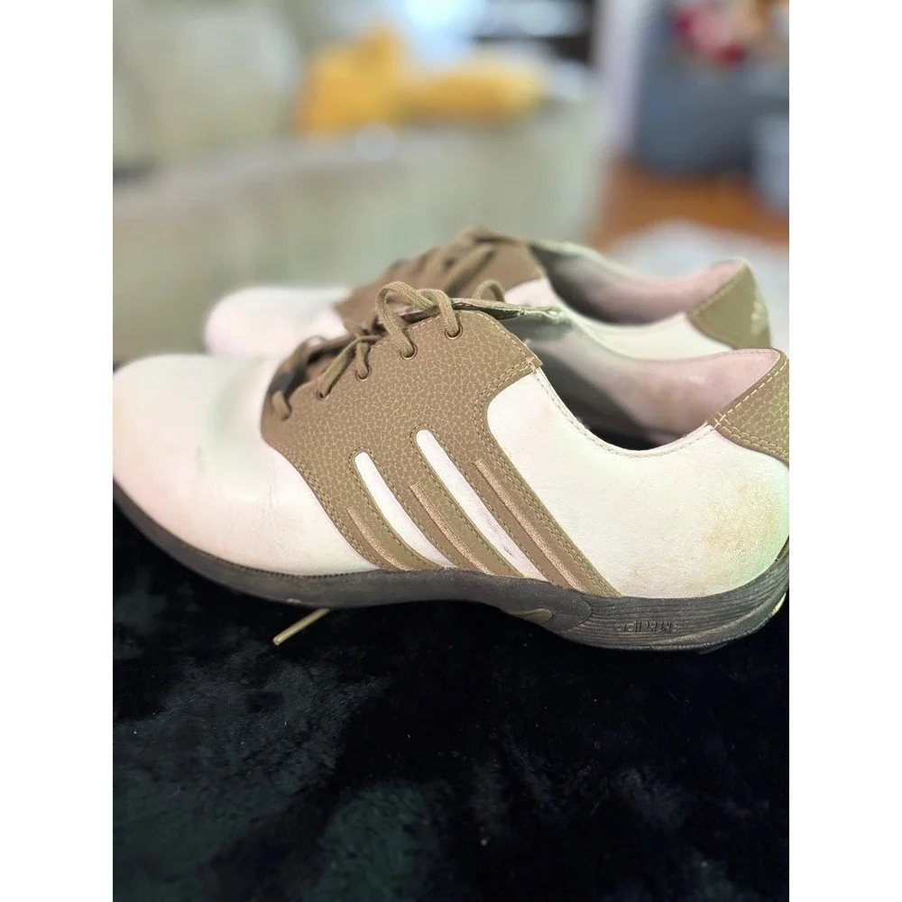 Adidas‎ AdiPrene Golf Shoes Mens 8 White Tan Leather Cleated Traxion 678082